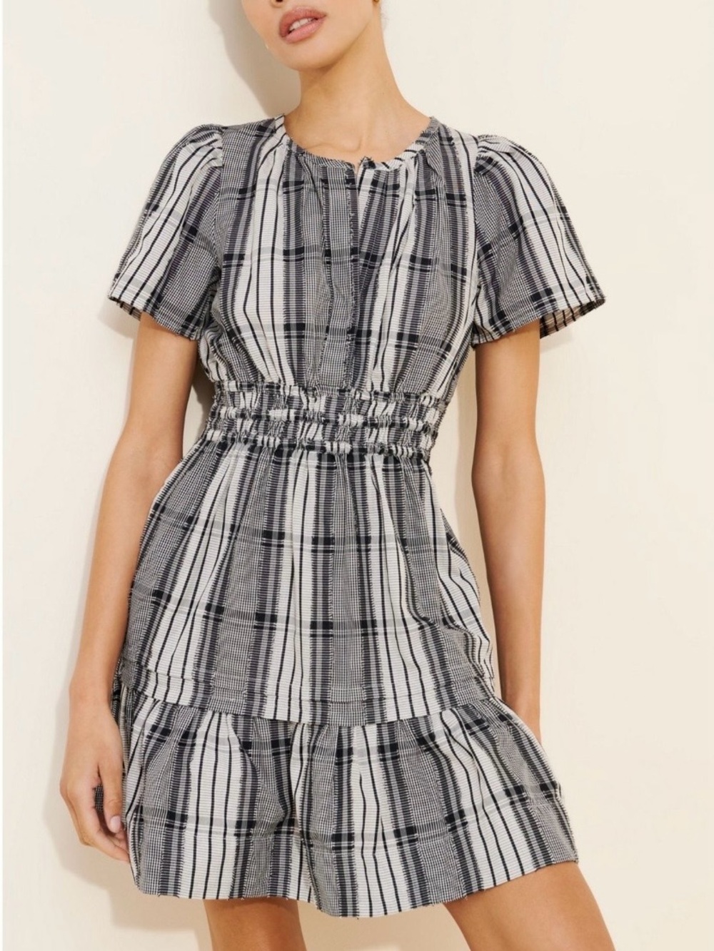 Anthropologie Black & White Plaid Smocked-Waist Mini Dress Size 2X